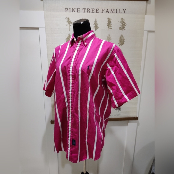 Mens Vintage Ralph Lauren Candy Stripe Short Sleeve Collar Shirt - Large - Picture 4 of 12